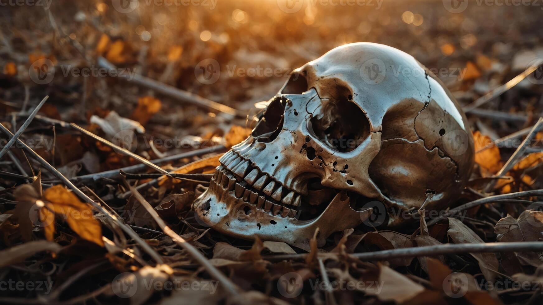 A metallic skull rests among autumn leaves in a serene natural setting. photo