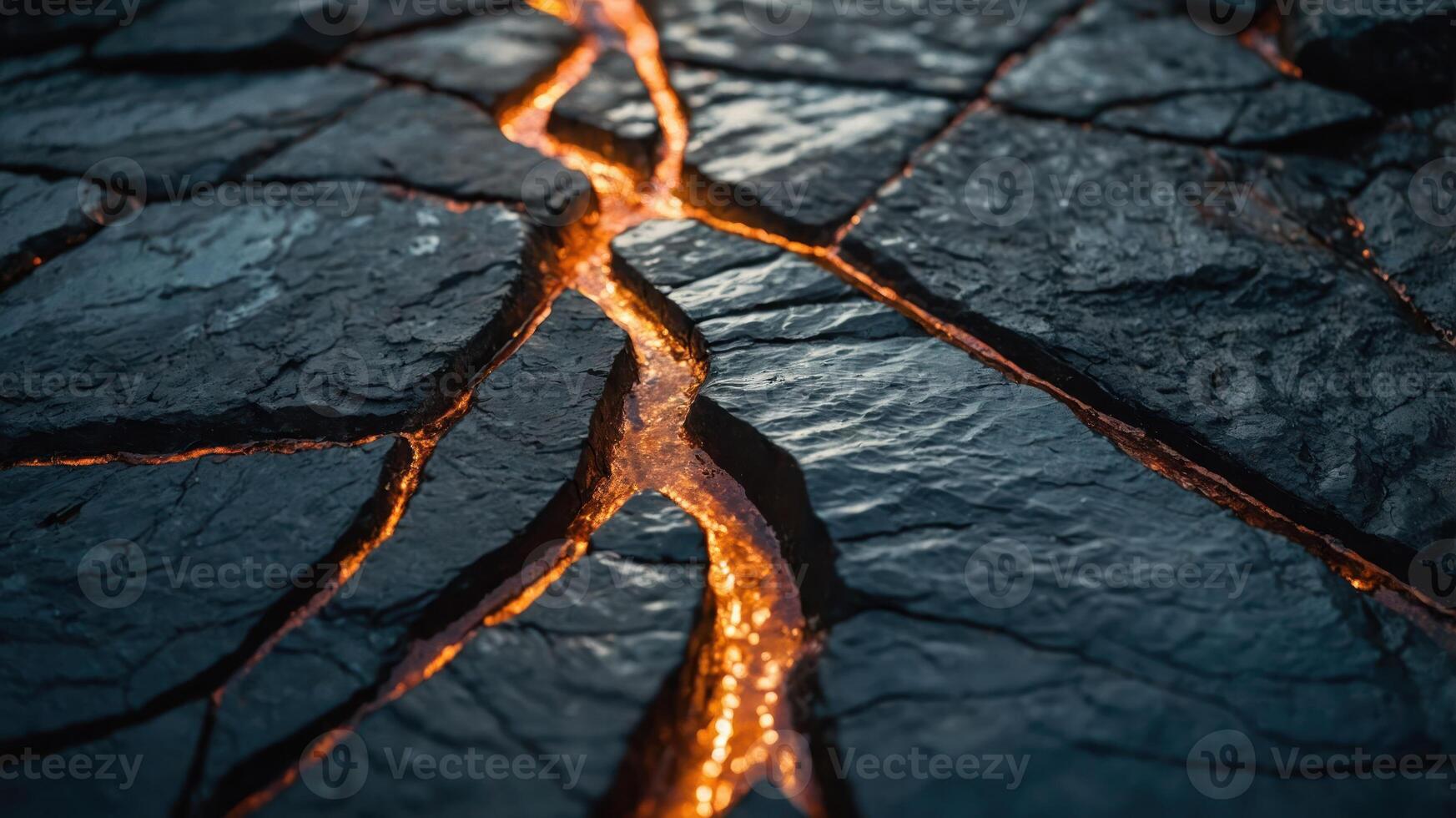 A close-up of cracked volcanic rock with glowing lava flowing through the fissures. photo