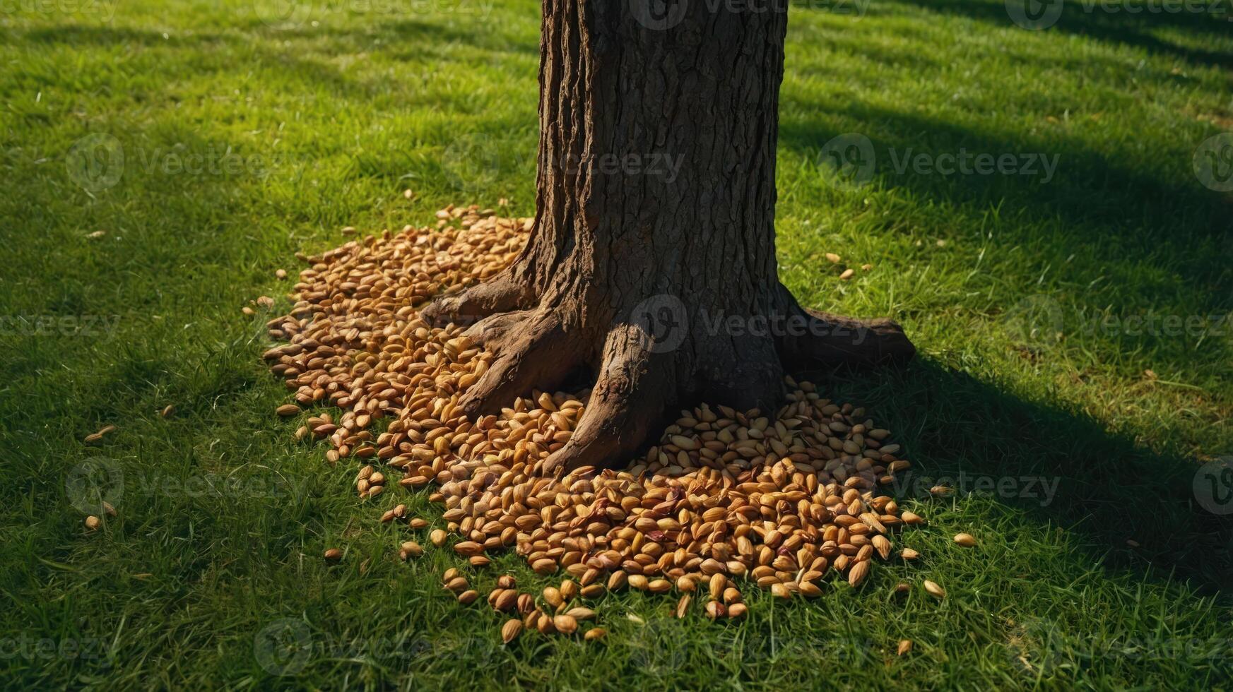 A tree trunk surrounded by a pile of acorns on green grass. photo