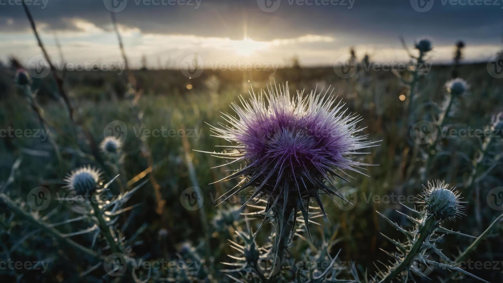 A close-up of a thistle flower with a sunset backdrop in a field. photo