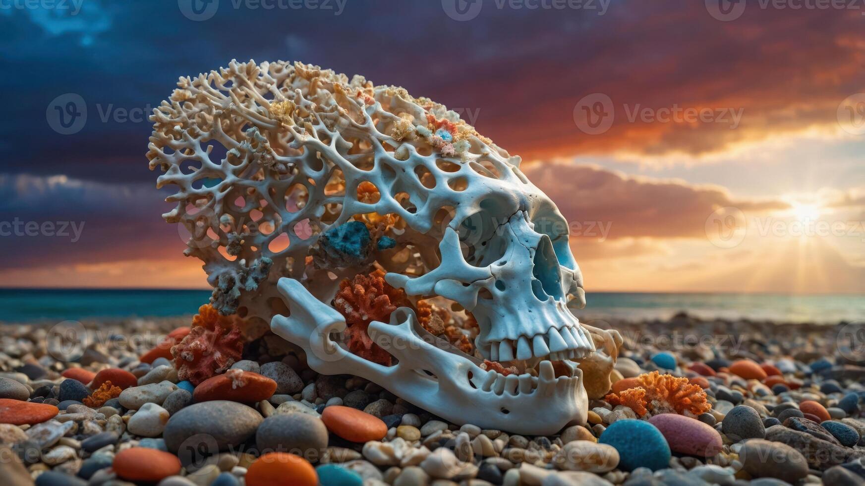 A surreal scene featuring a coral skull amidst colorful pebbles on a beach at sunset. photo