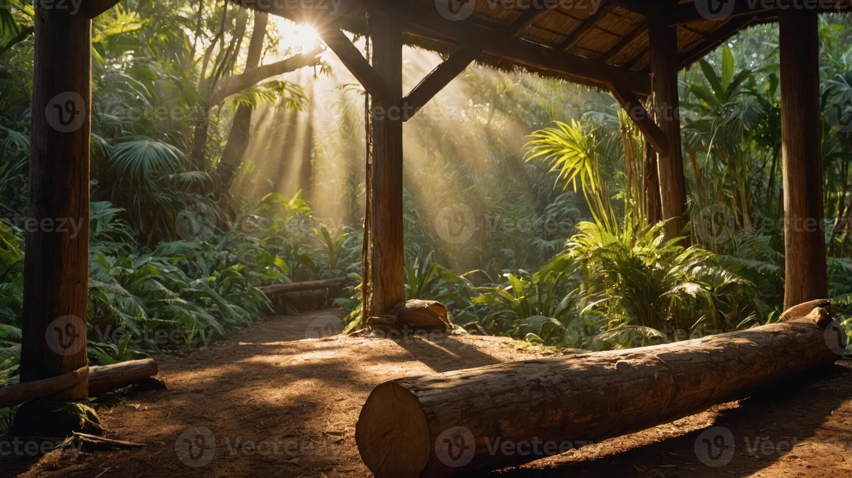 A serene forest scene with sunlight filtering through trees, creating a peaceful atmosphere. photo