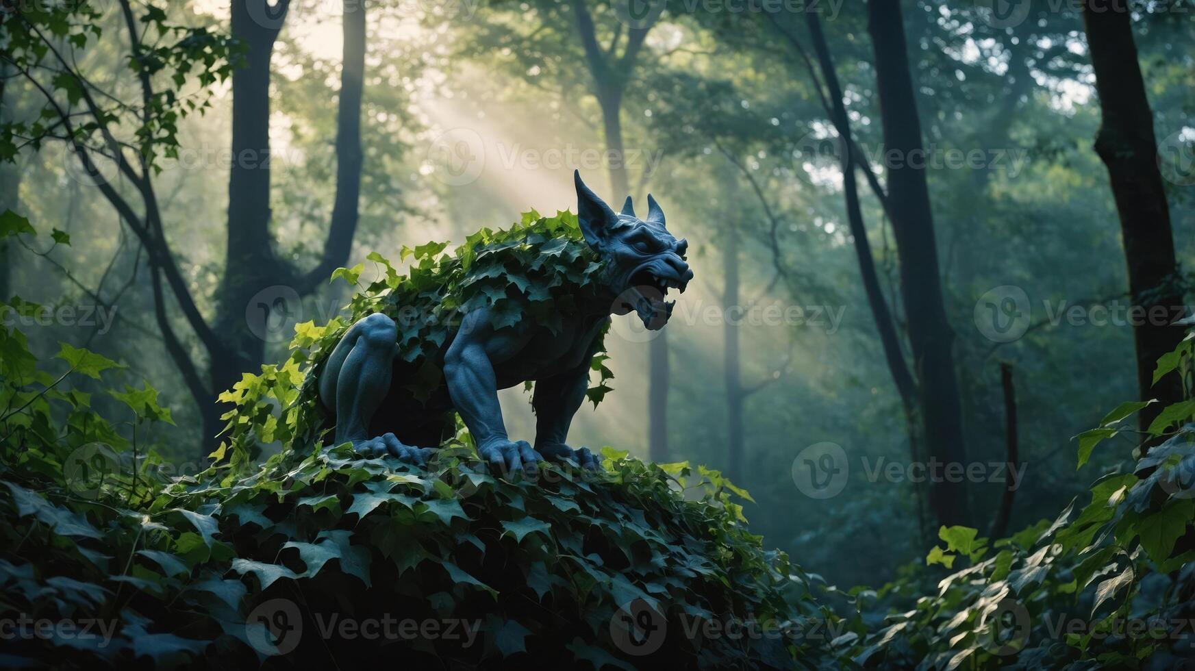 A mythical creature covered in ivy, perched in a misty forest. photo