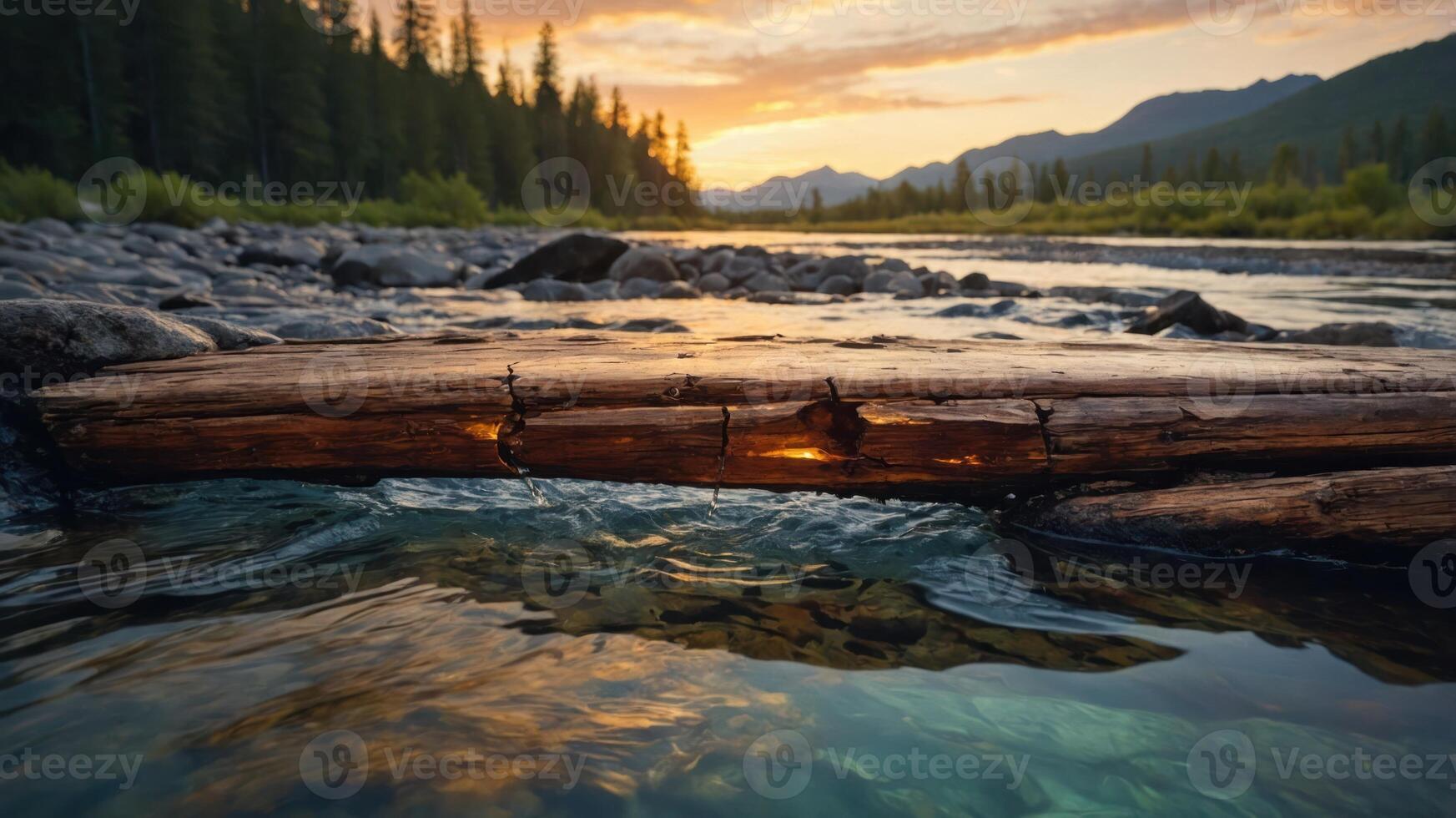 A serene river landscape at sunset with a log partially submerged in clear water. photo