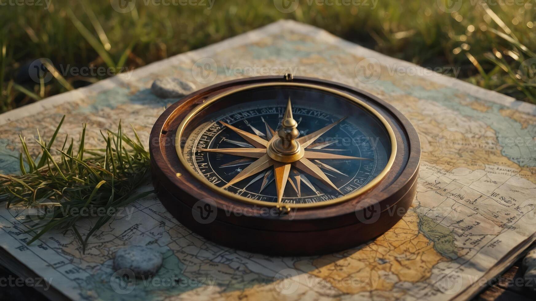 A compass resting on a map, symbolizing navigation and exploration. photo