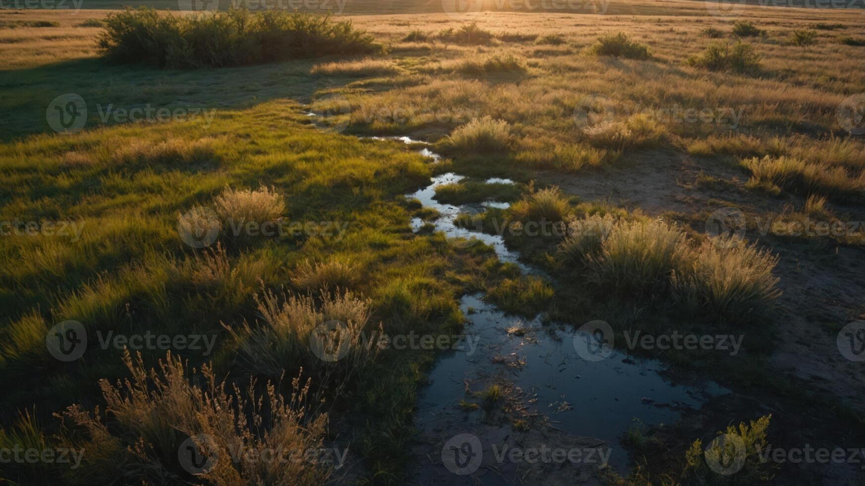 A serene landscape featuring a stream surrounded by lush grass and gentle sunlight. photo