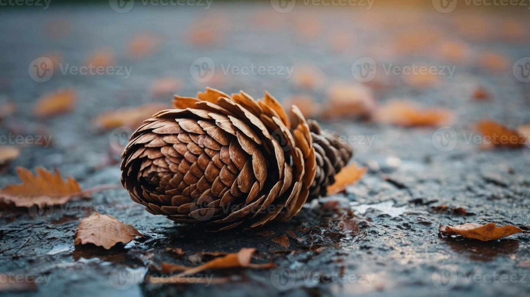 A pine cone rests on a wet surface surrounded by fallen leaves, capturing autumn's essence. photo