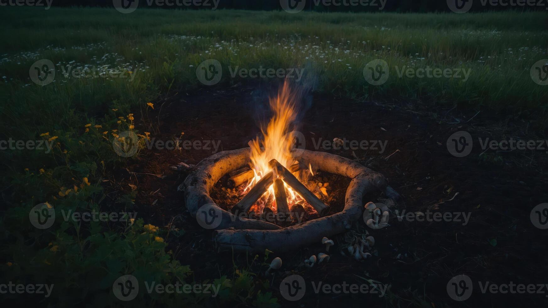 A cozy campfire burns in a grassy field, creating a warm and inviting atmosphere. photo