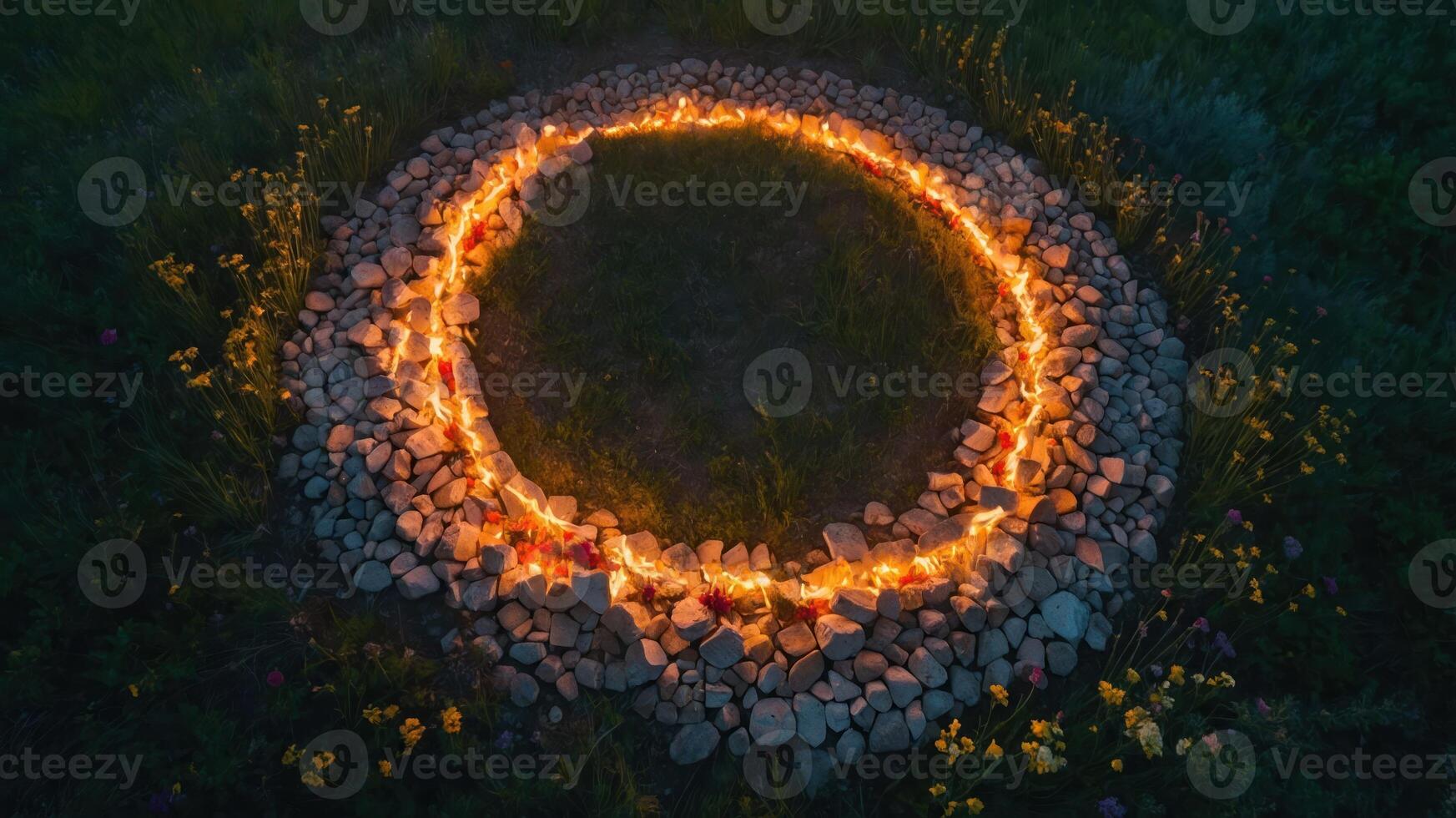 A circular arrangement of stones and fire, creating a mystical outdoor installation. photo