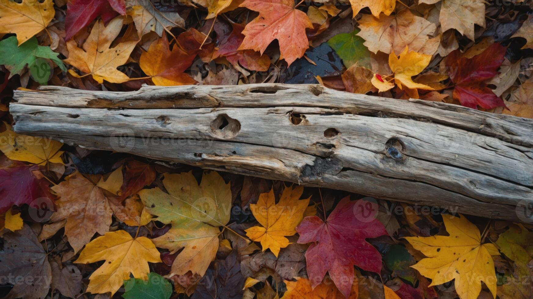 A wooden log rests among vibrant autumn leaves in a natural setting. photo