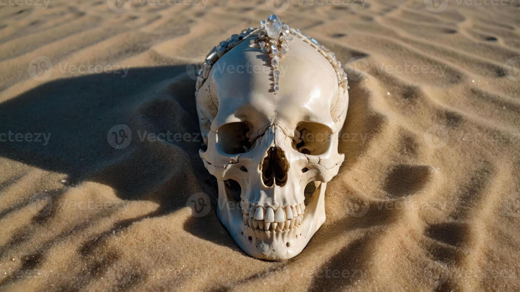 A skull adorned with a crown resting on sandy terrain, evoking themes of mortality and beauty. photo