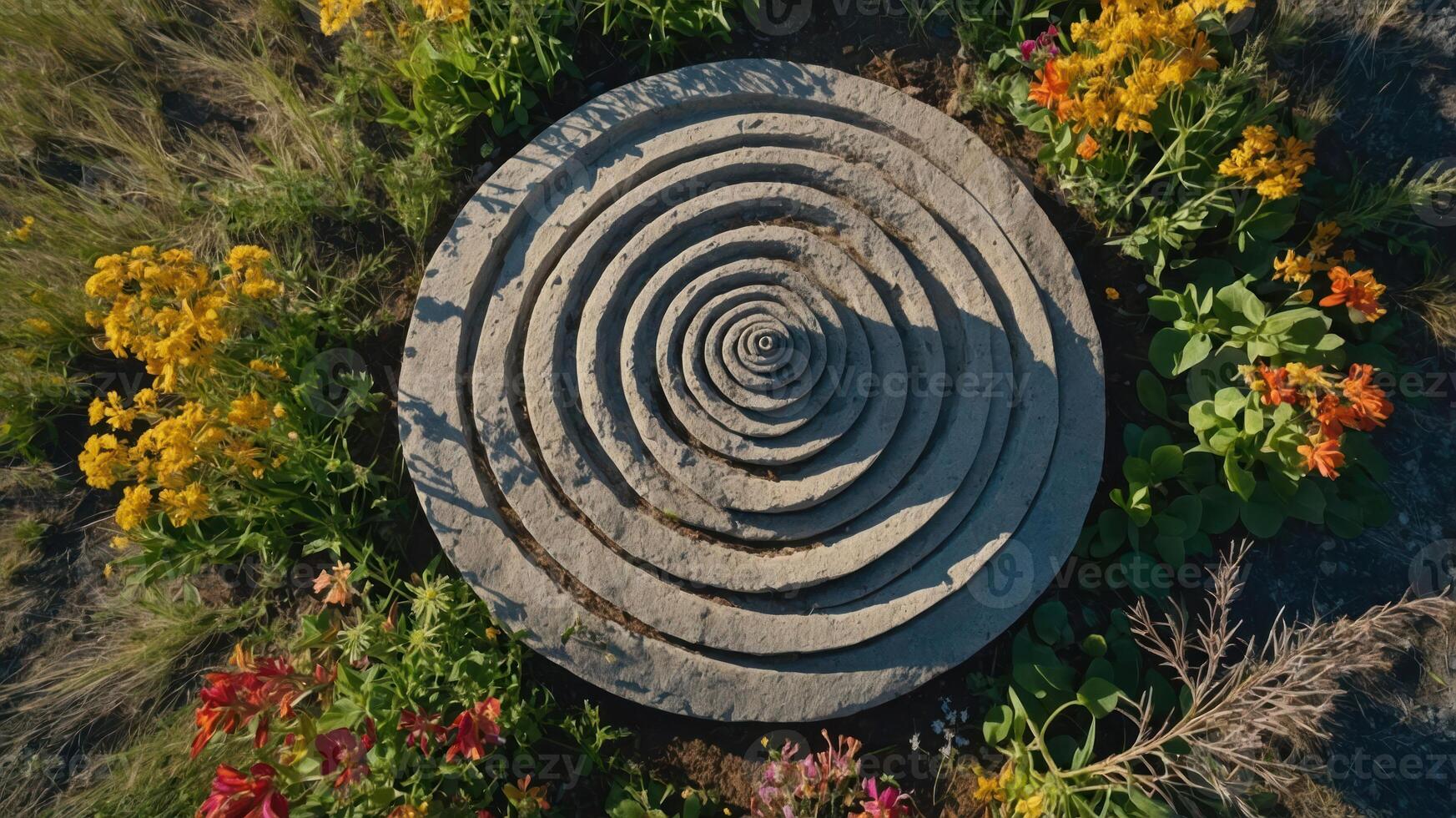 A circular stone feature surrounded by vibrant flowers, suggesting tranquility and nature. photo