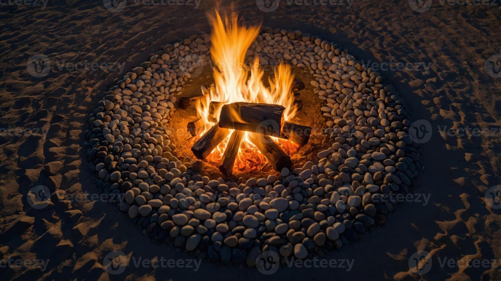 A campfire surrounded by stones, creating a warm and inviting atmosphere in a sandy setting. photo