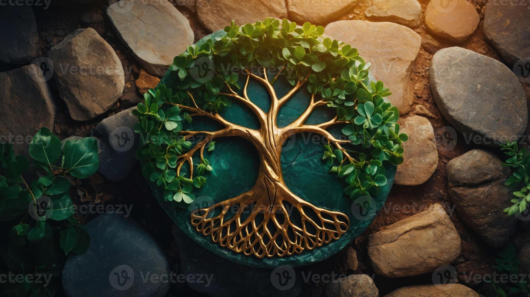 A decorative tree sculpture on a stone surface, symbolizing growth and nature. photo