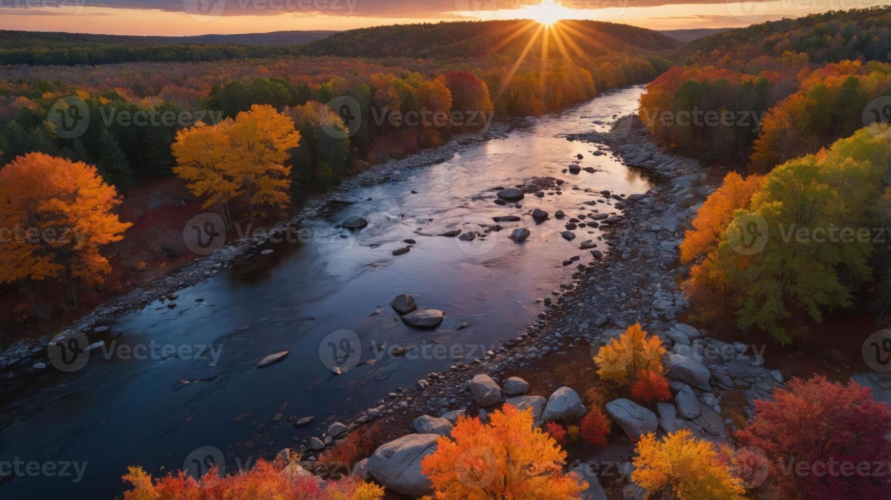 A serene river scene at sunset, surrounded by vibrant autumn foliage. photo