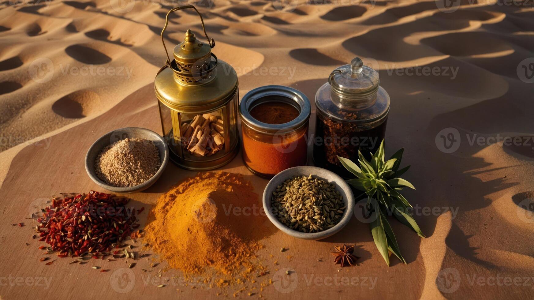 A collection of spices and herbs arranged artistically in a desert setting. photo