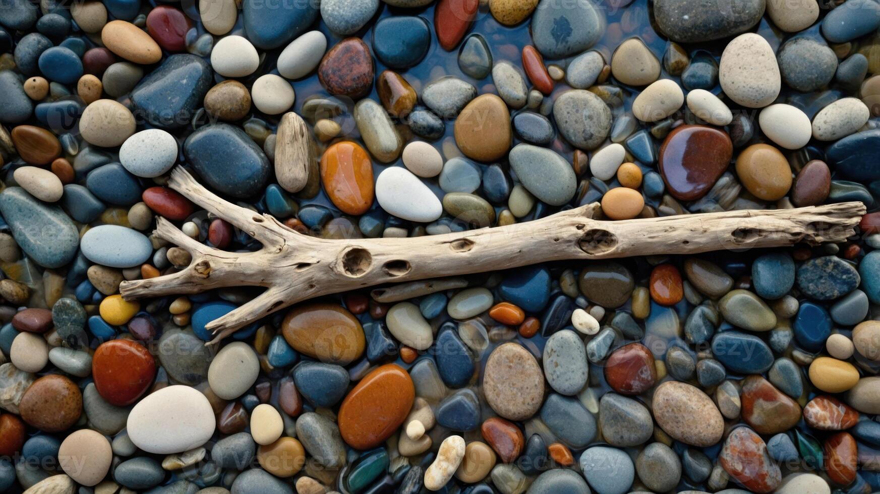 A driftwood branch rests among a colorful assortment of smooth pebbles by the water. photo