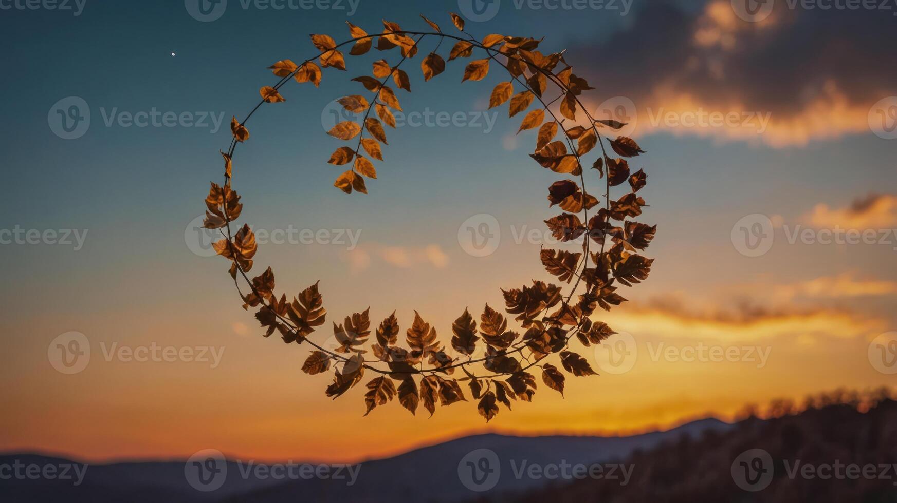 A circular arrangement of leaves against a vibrant sunset sky. photo