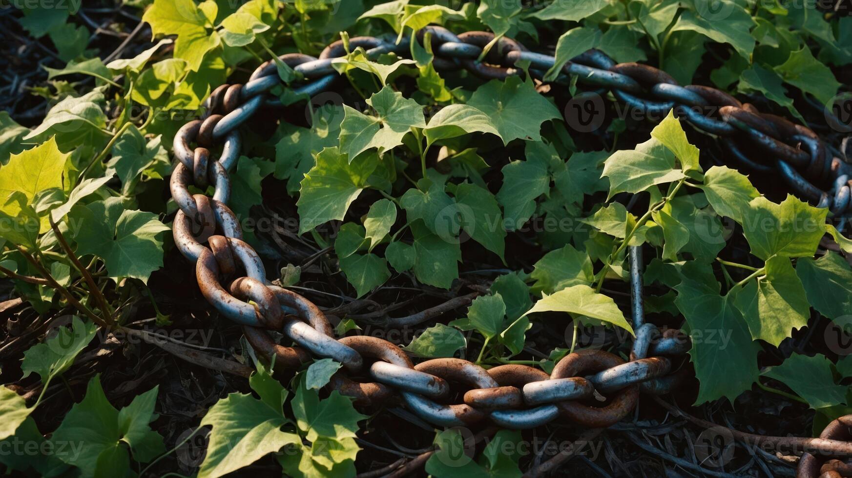 A rusted chain intertwined with green foliage on the ground. photo