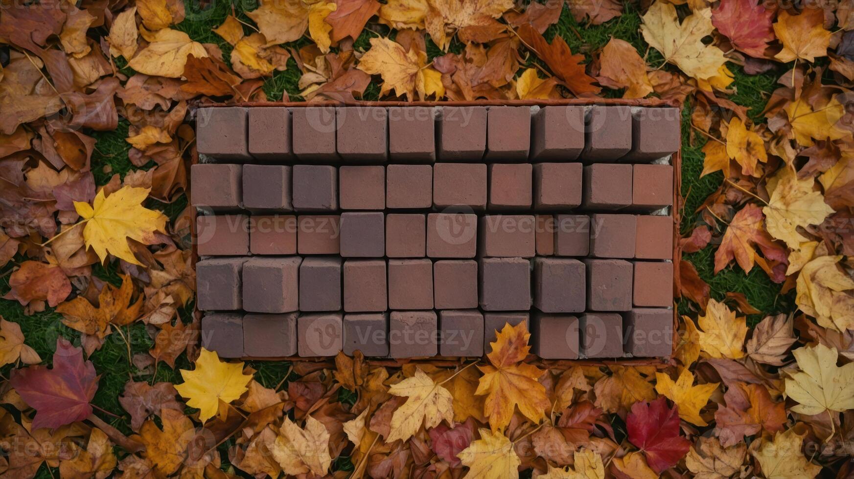 A flat arrangement of brown bricks on a bed of colorful autumn leaves. photo