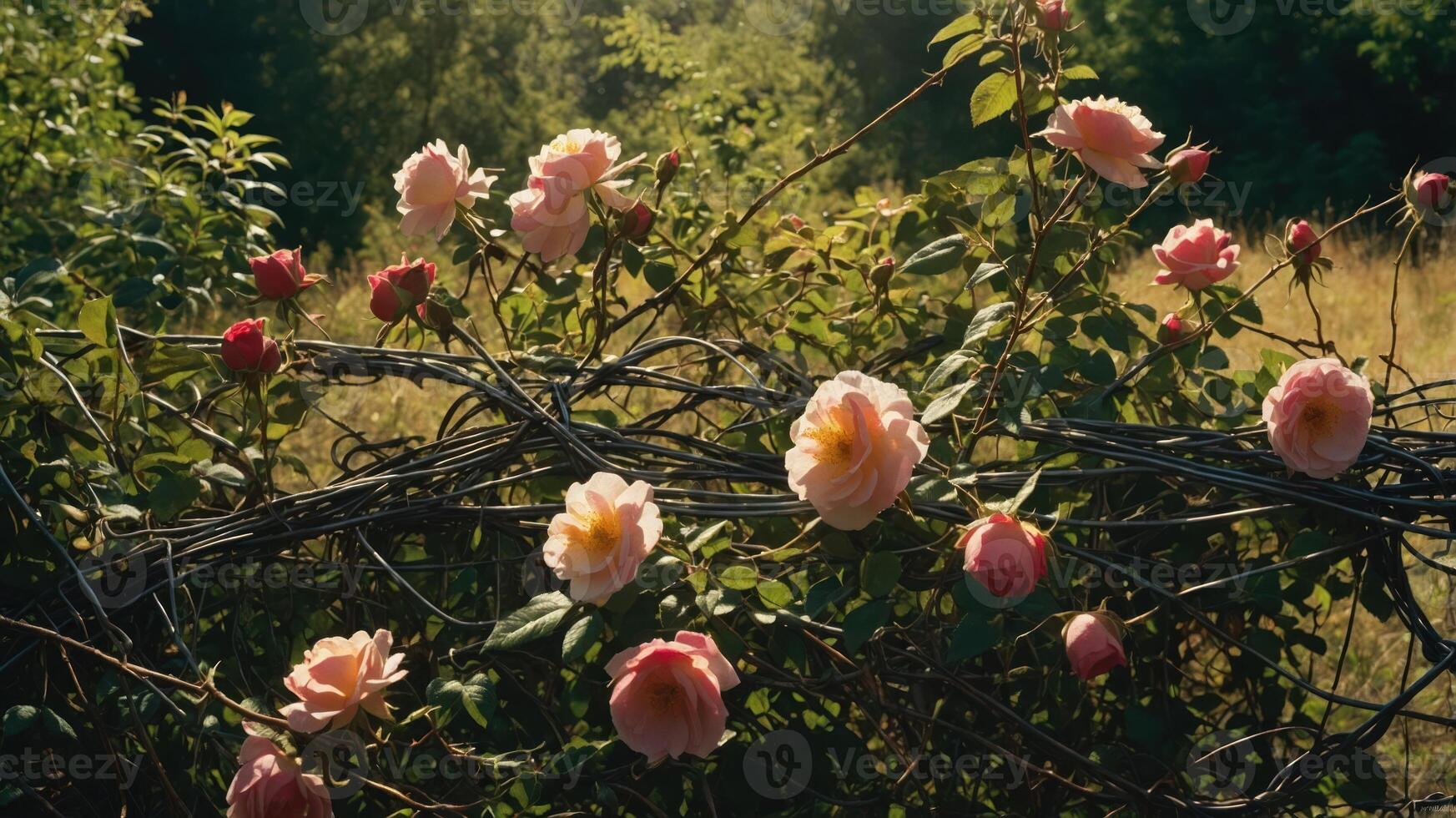 A serene display of blooming roses intertwined with vines in a natural setting. photo