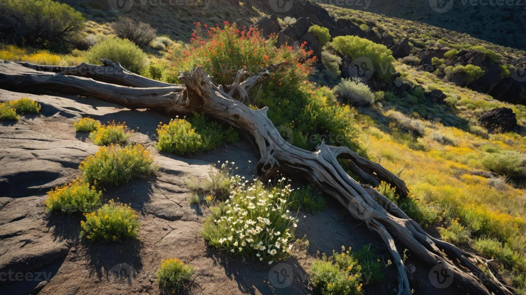 A serene landscape featuring a fallen tree and vibrant vegetation in a natural setting. photo