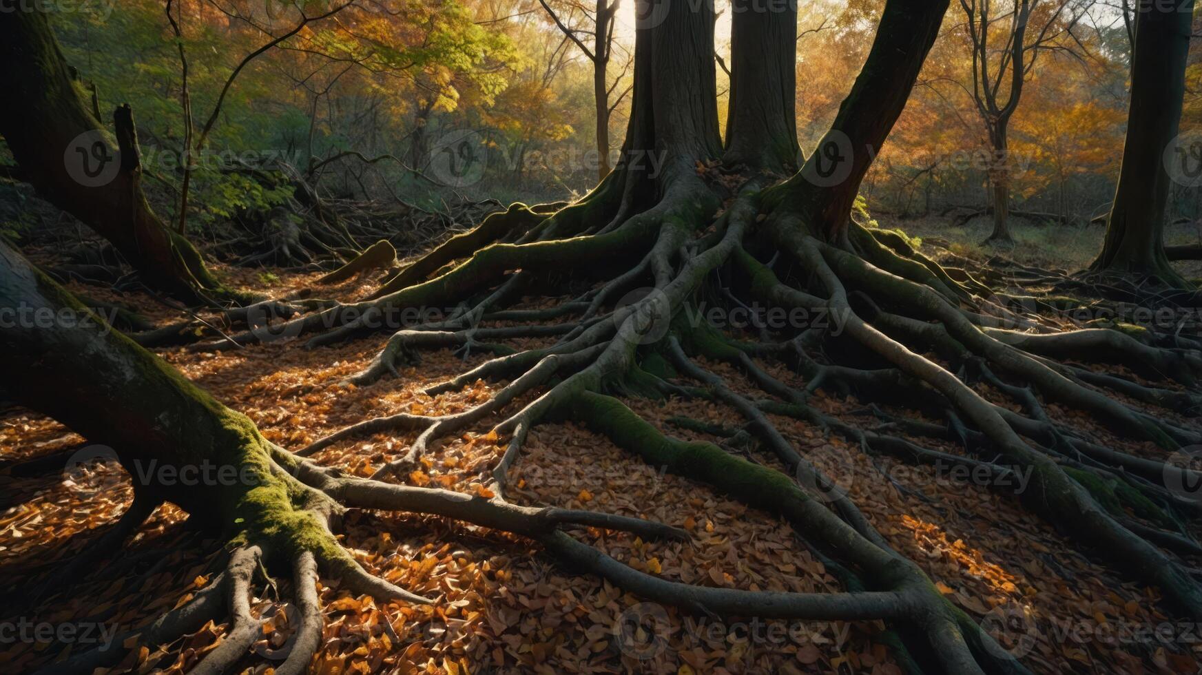 A serene forest scene with intertwined tree roots and autumn foliage. photo