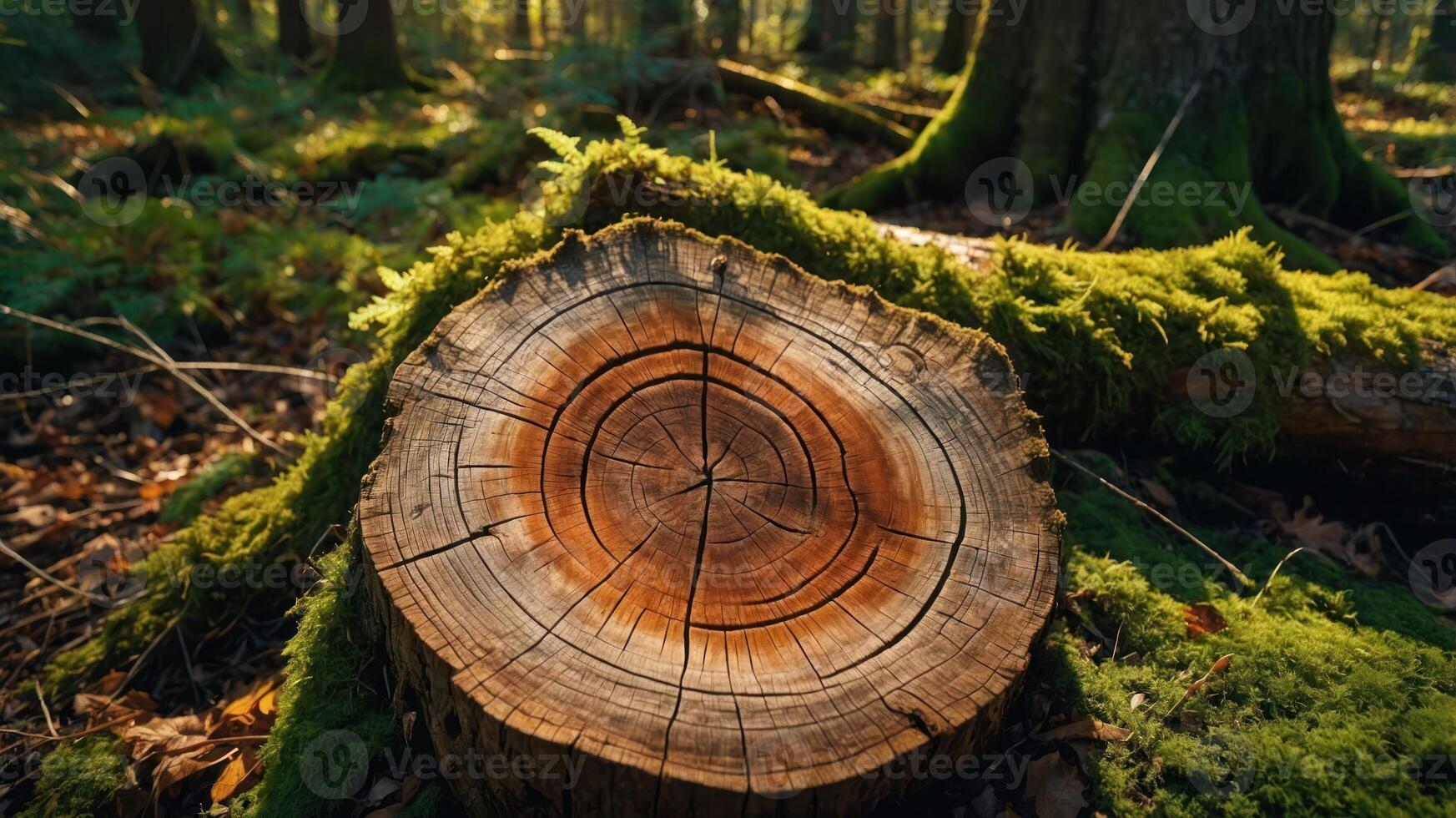 A close-up of a tree stump surrounded by moss in a serene forest setting. photo
