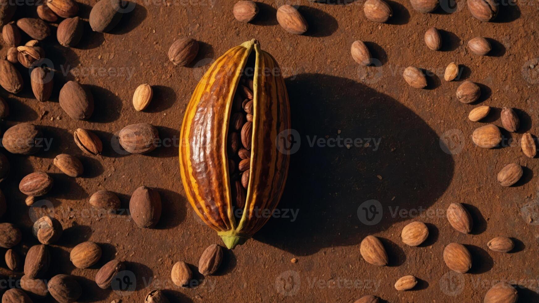 A cocoa pod split open, revealing cocoa beans, surrounded by whole beans on a rustic surface. photo