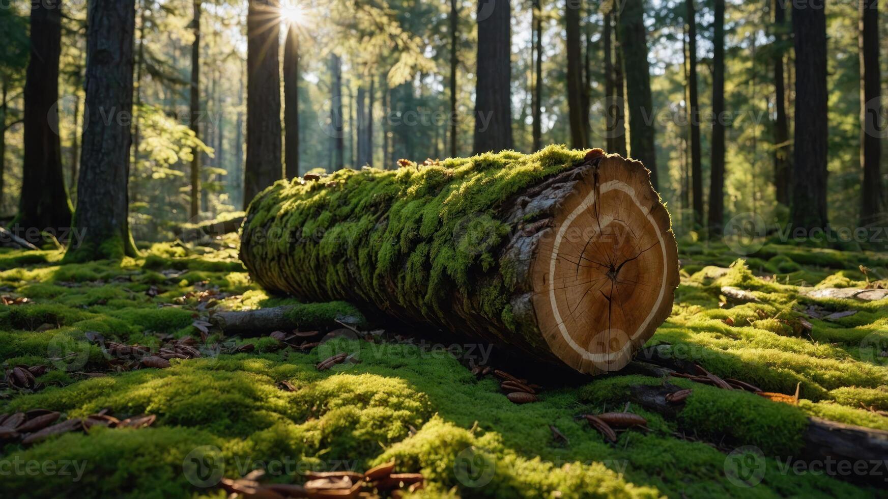 A serene forest scene featuring a moss-covered log surrounded by trees and soft sunlight. photo
