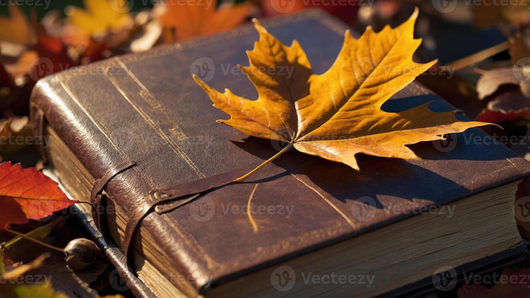 A vintage book rests on autumn leaves, adorned with a golden maple leaf. photo