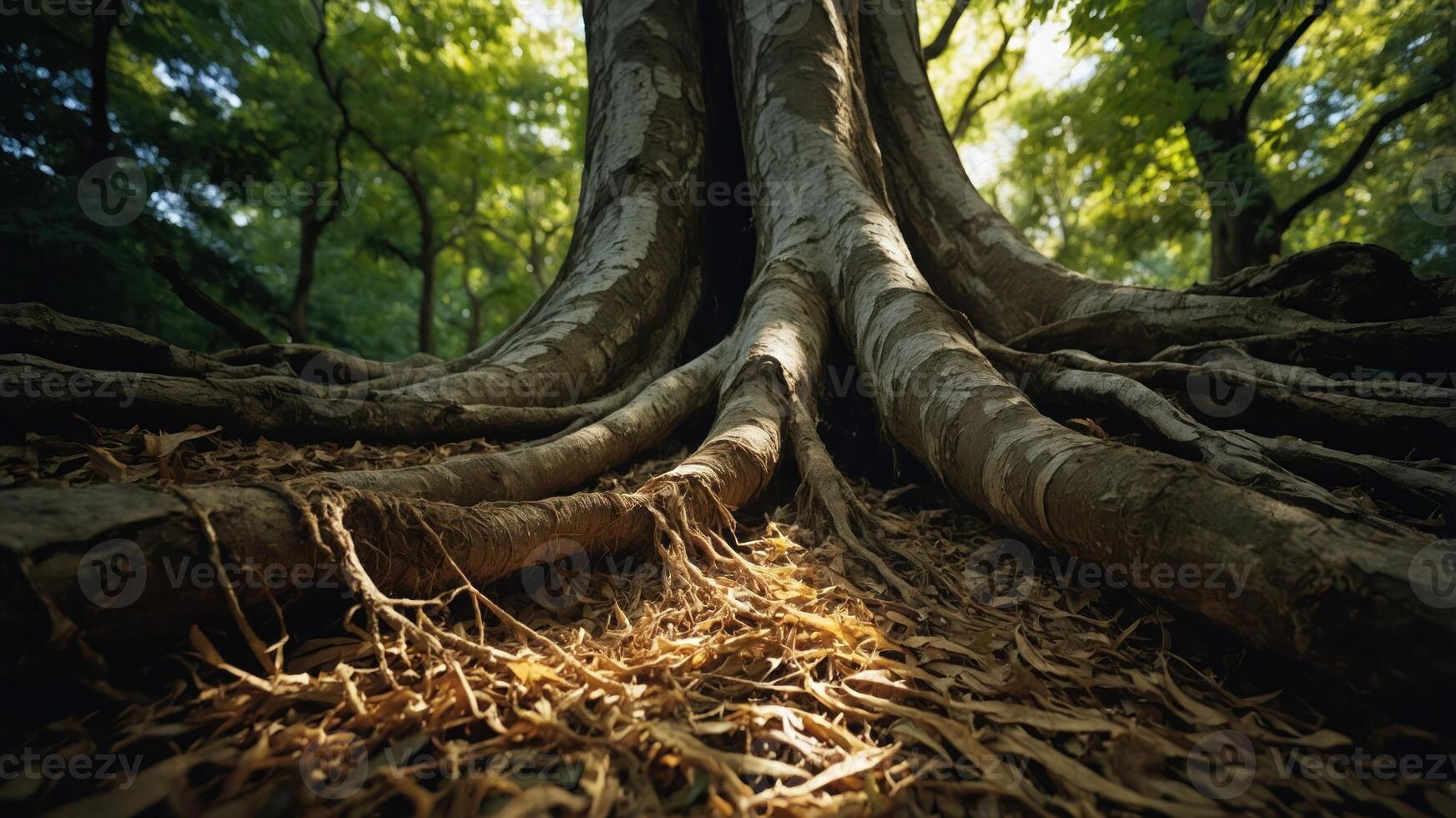 Close-up view of tree roots on forest floor with sunlight filtering through leaves. photo