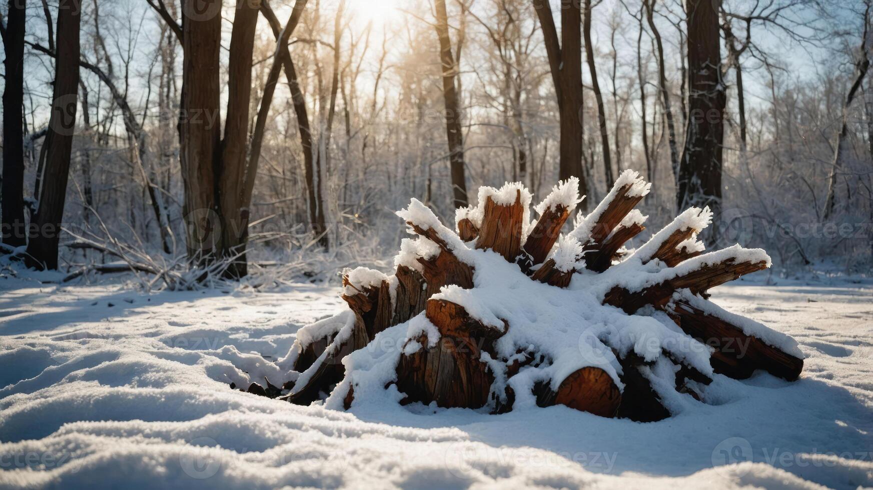 A snowy landscape featuring a pile of logs surrounded by trees and sunlight. photo