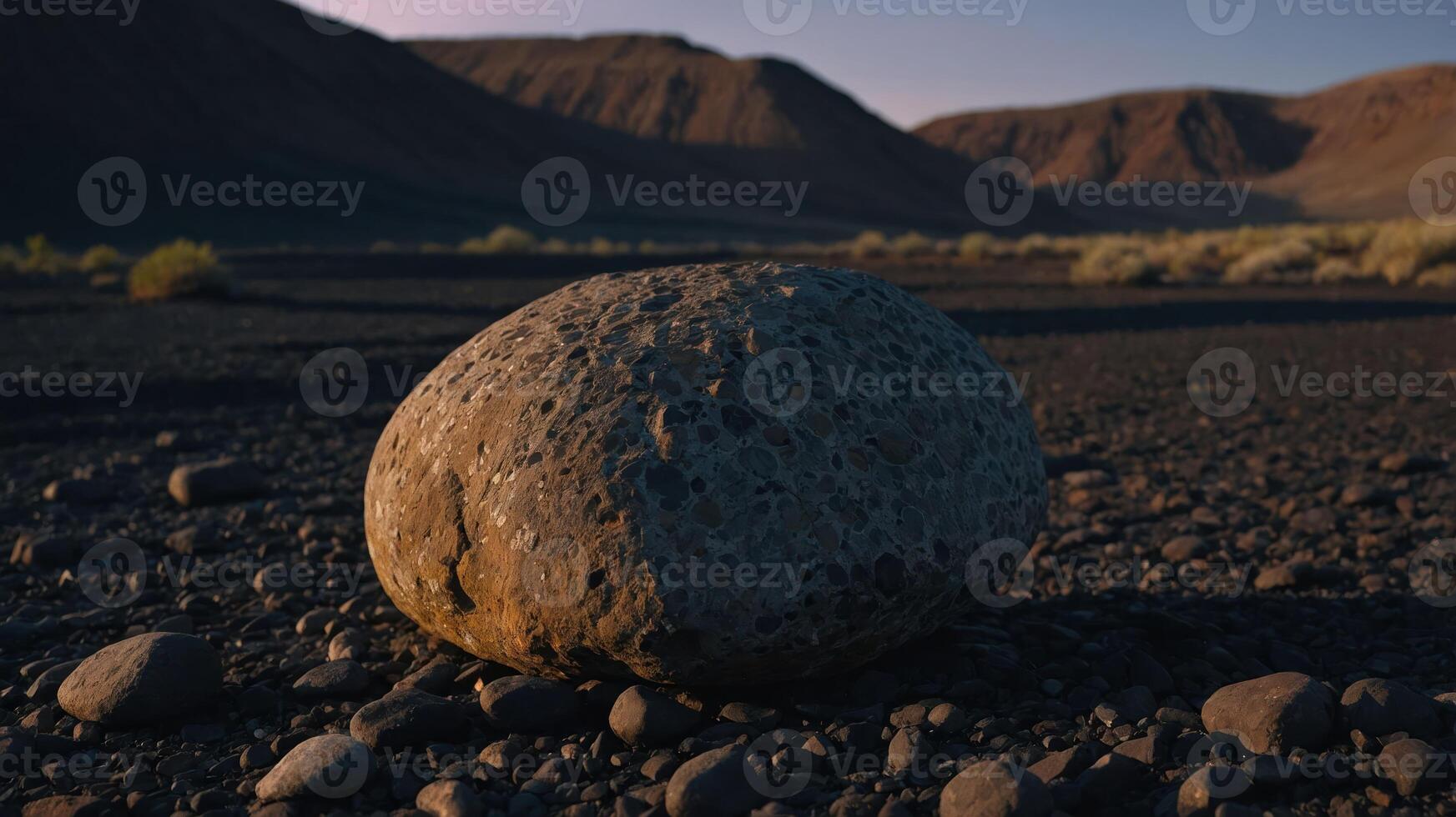 A close-up view of a textured rock on a barren landscape with mountains in the background. photo