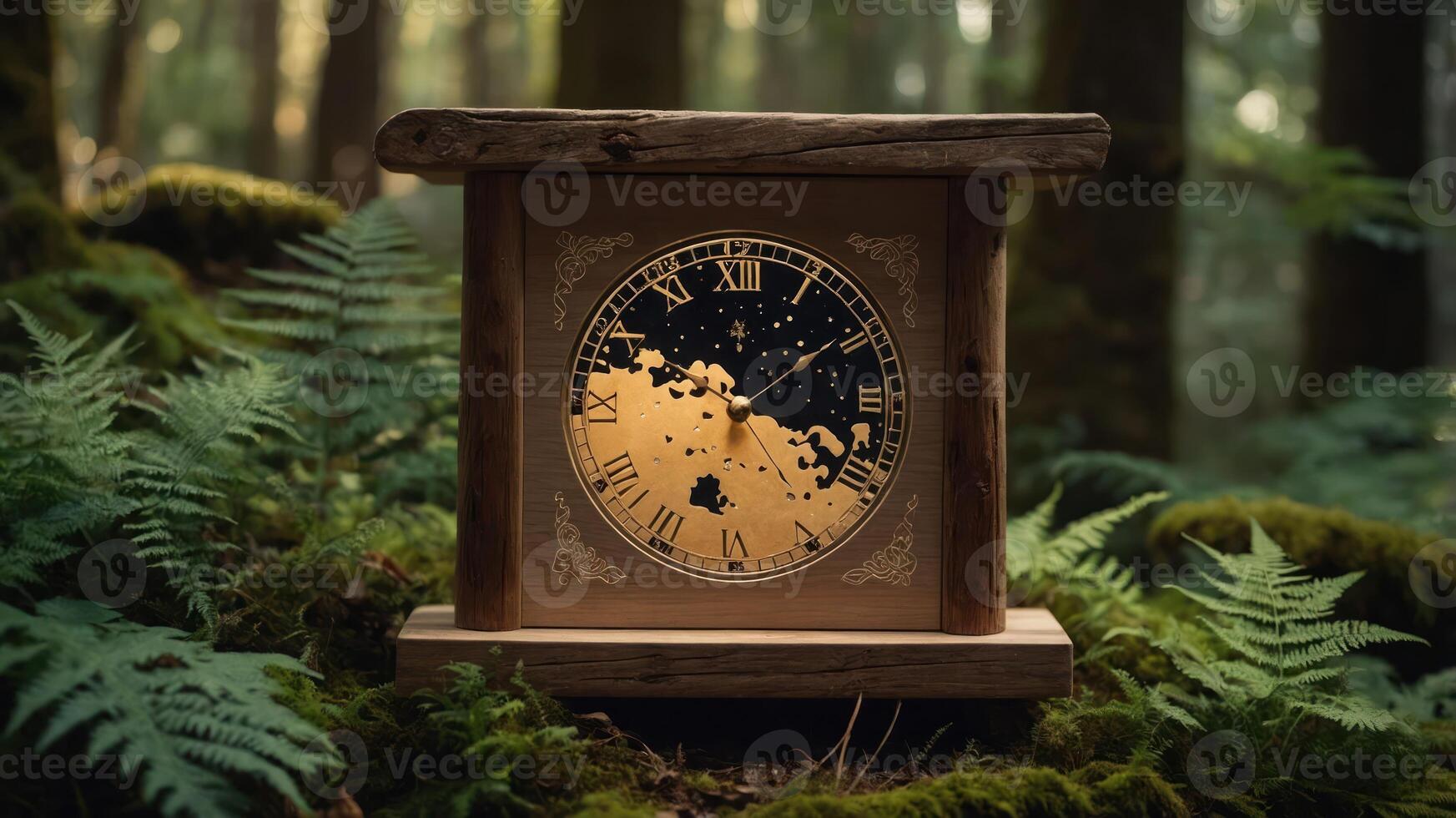 A wooden clock surrounded by ferns in a serene forest setting. photo