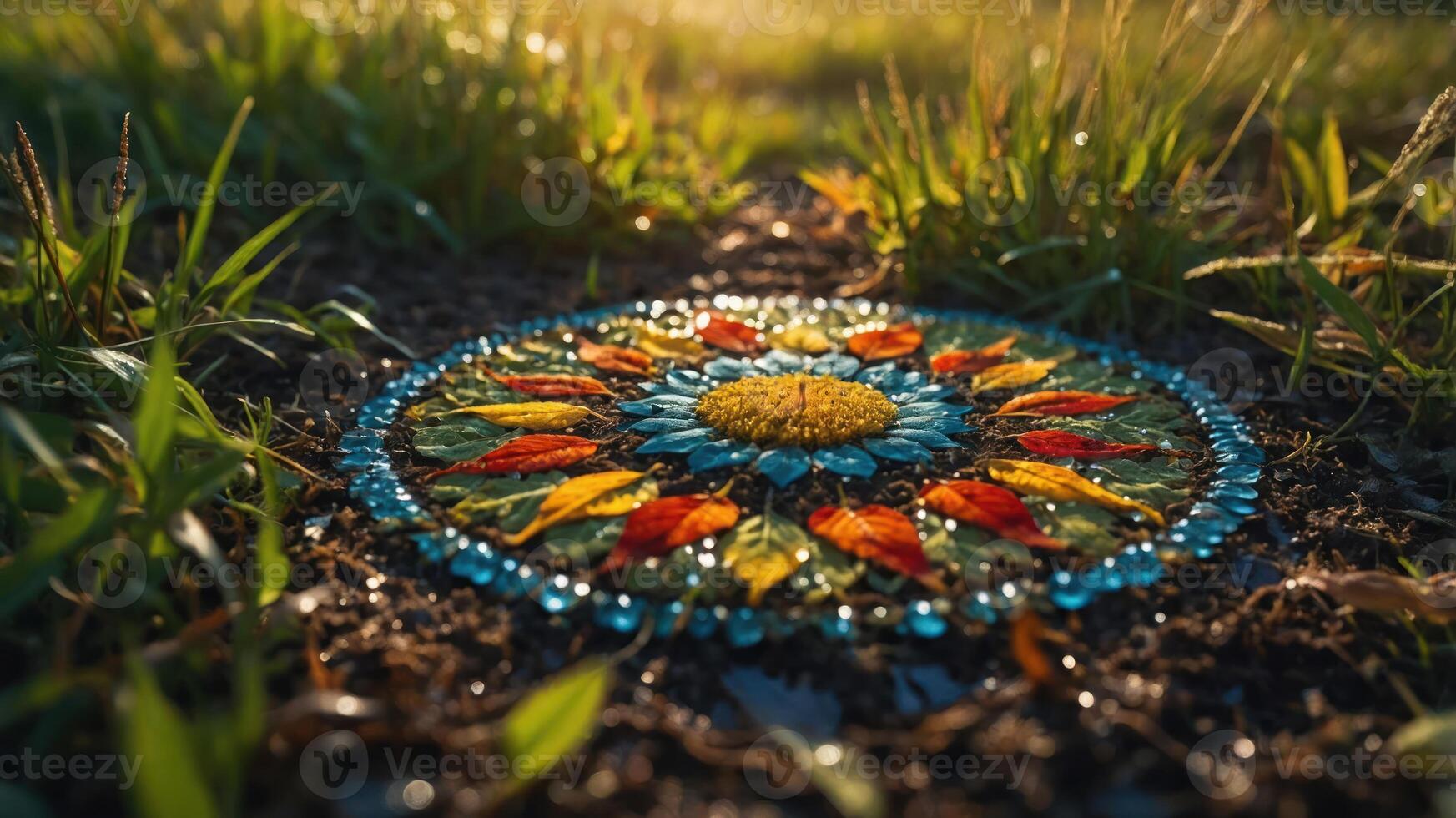 A vibrant mandala made of natural elements, set on the ground amidst grass. photo