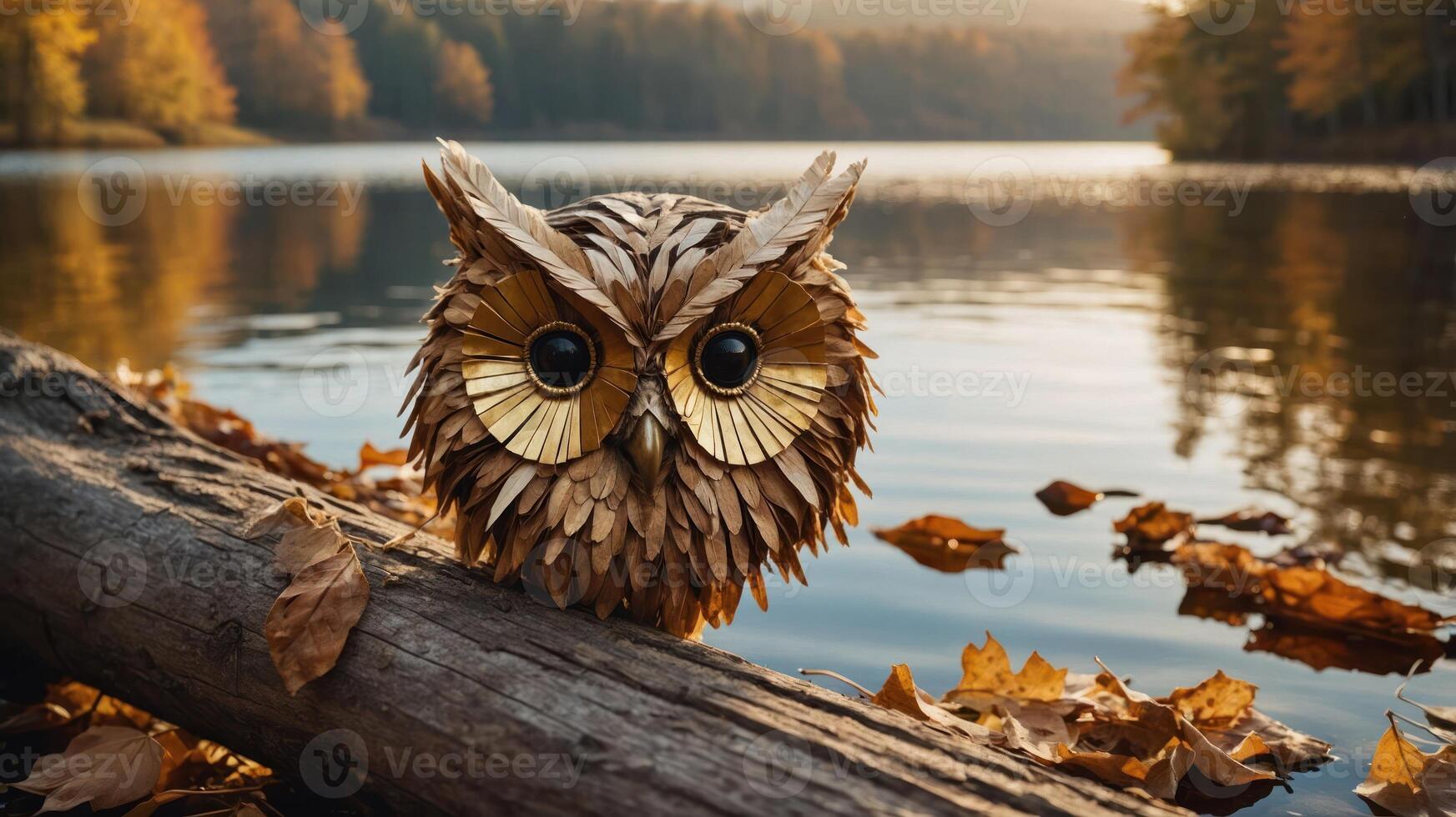 A whimsical owl sculpture made of leaves sits by a tranquil lake surrounded by autumn foliage. photo
