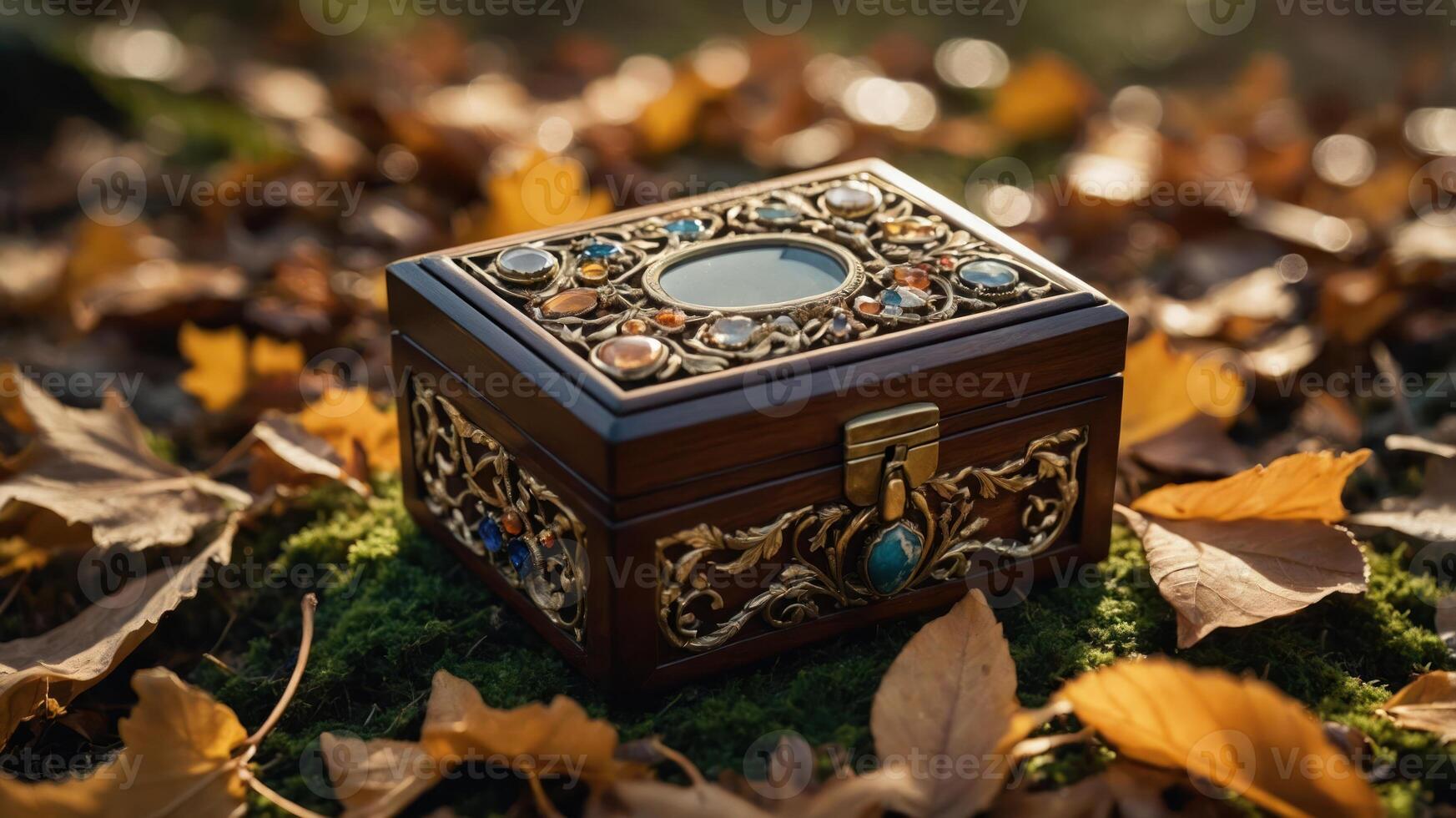 An ornate wooden box adorned with gems sits on a bed of autumn leaves. photo