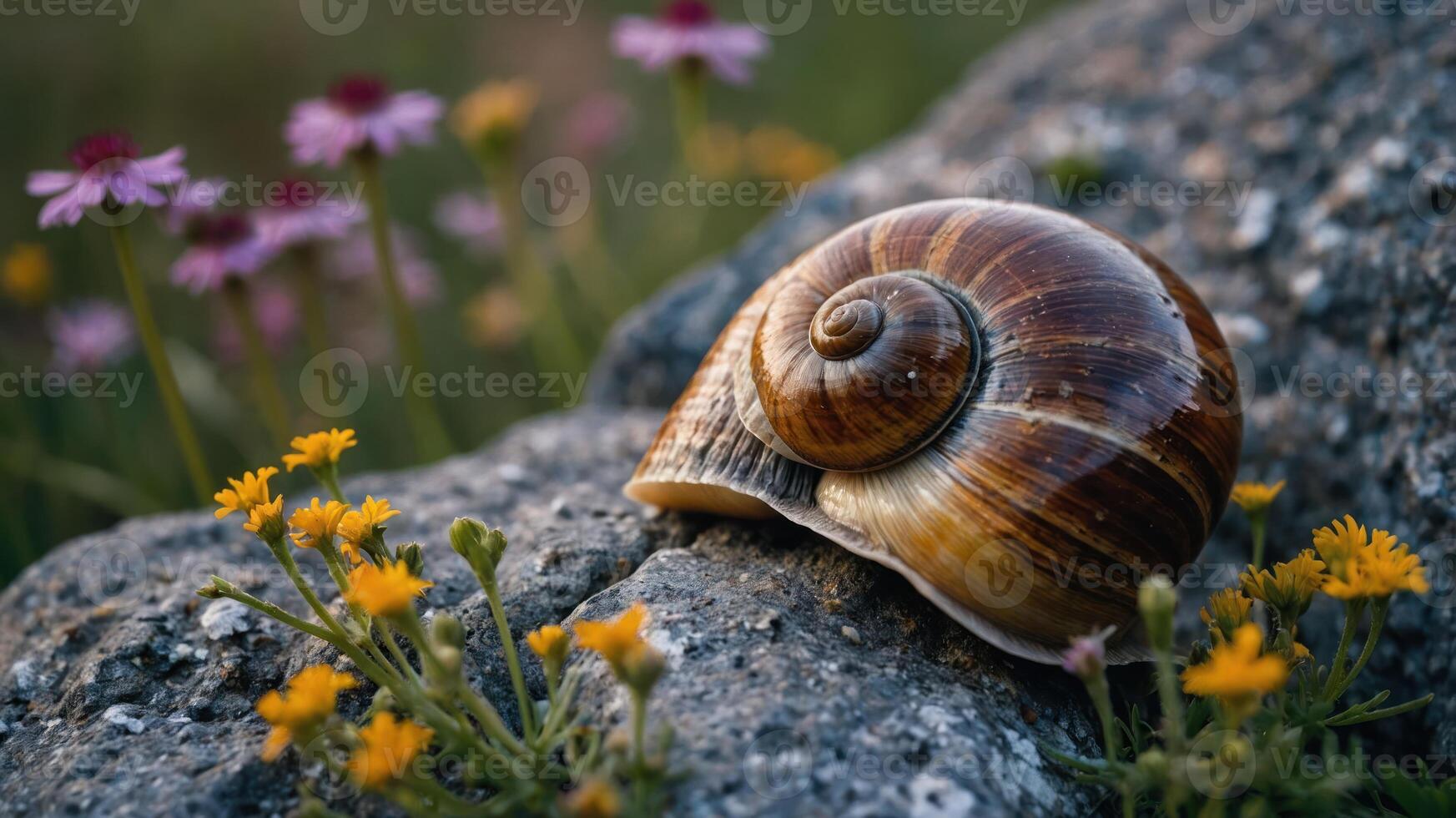 A close-up of a snail shell resting on a rock surrounded by colorful flowers. photo