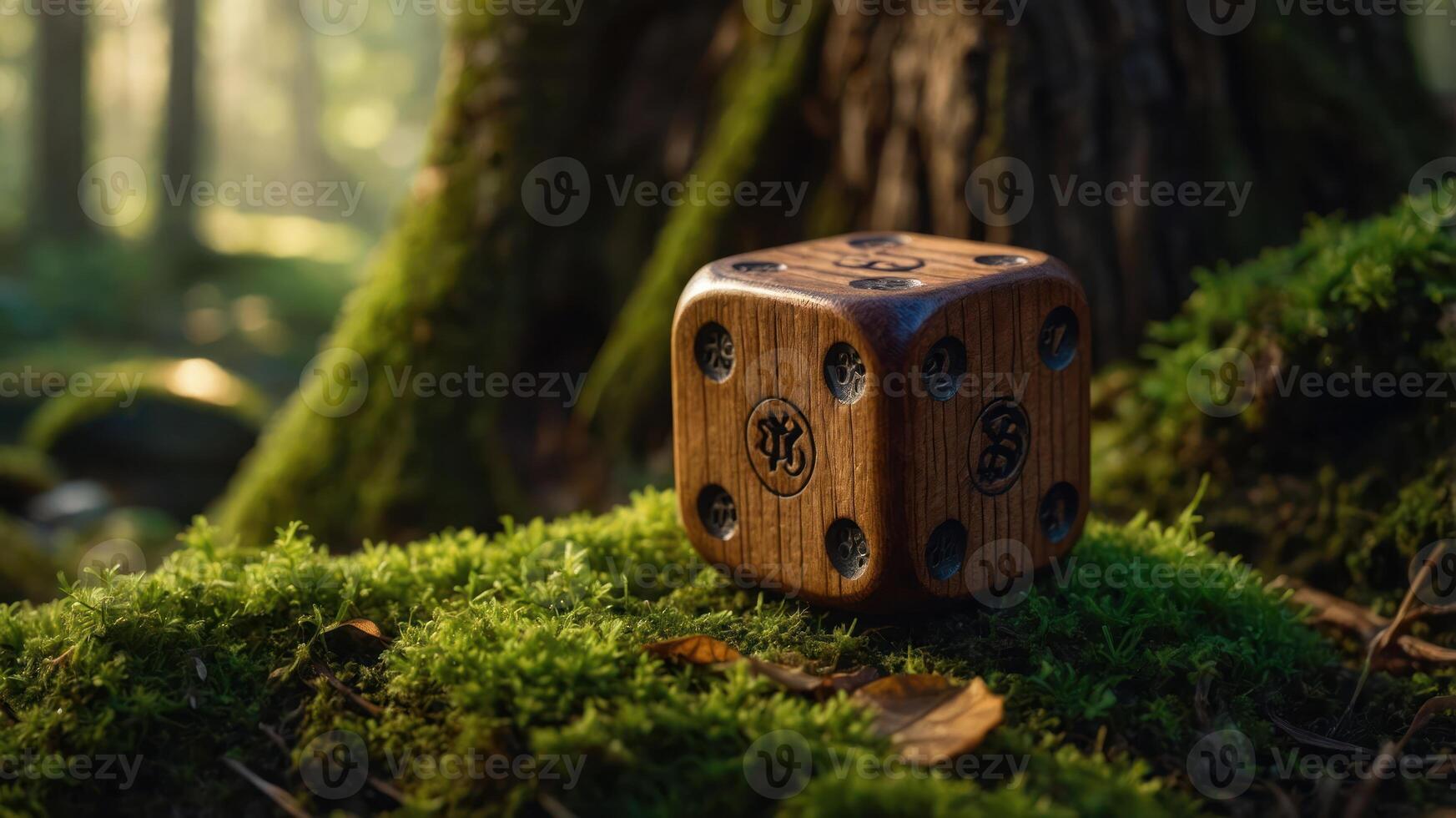 A wooden die rests on moss in a sunlit forest, blending nature and gaming elements. photo