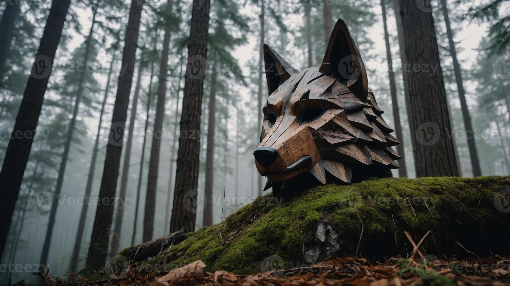 A wooden wolf sculpture nestled in a misty forest, blending art with nature. photo