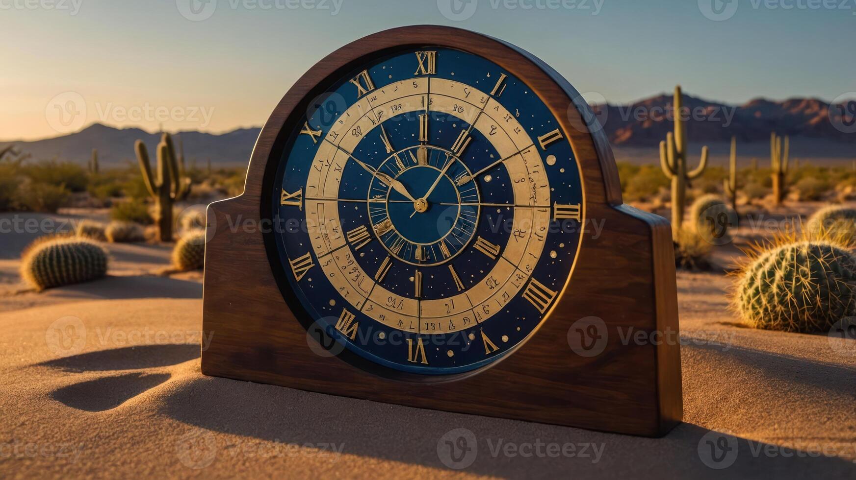 A decorative clock stands in a desert landscape at sunset, blending time with nature's beauty. photo