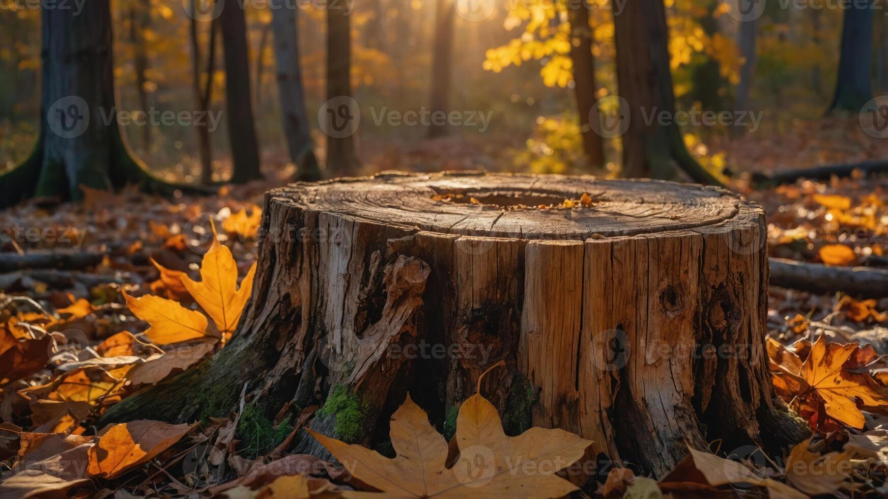 A serene forest scene featuring a tree stump surrounded by autumn leaves and soft sunlight. photo