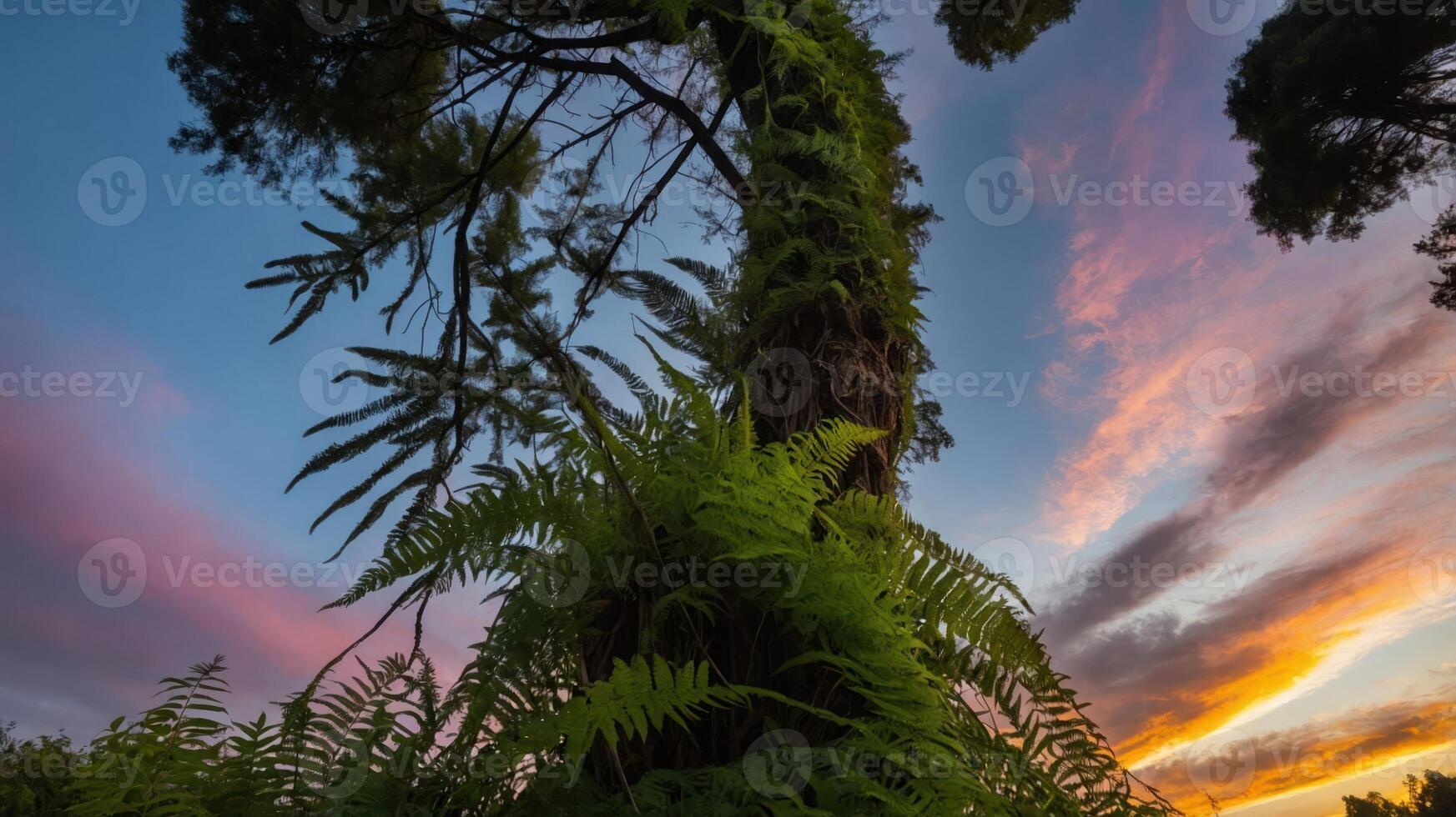 A vibrant sunset behind a tall tree adorned with lush ferns. photo