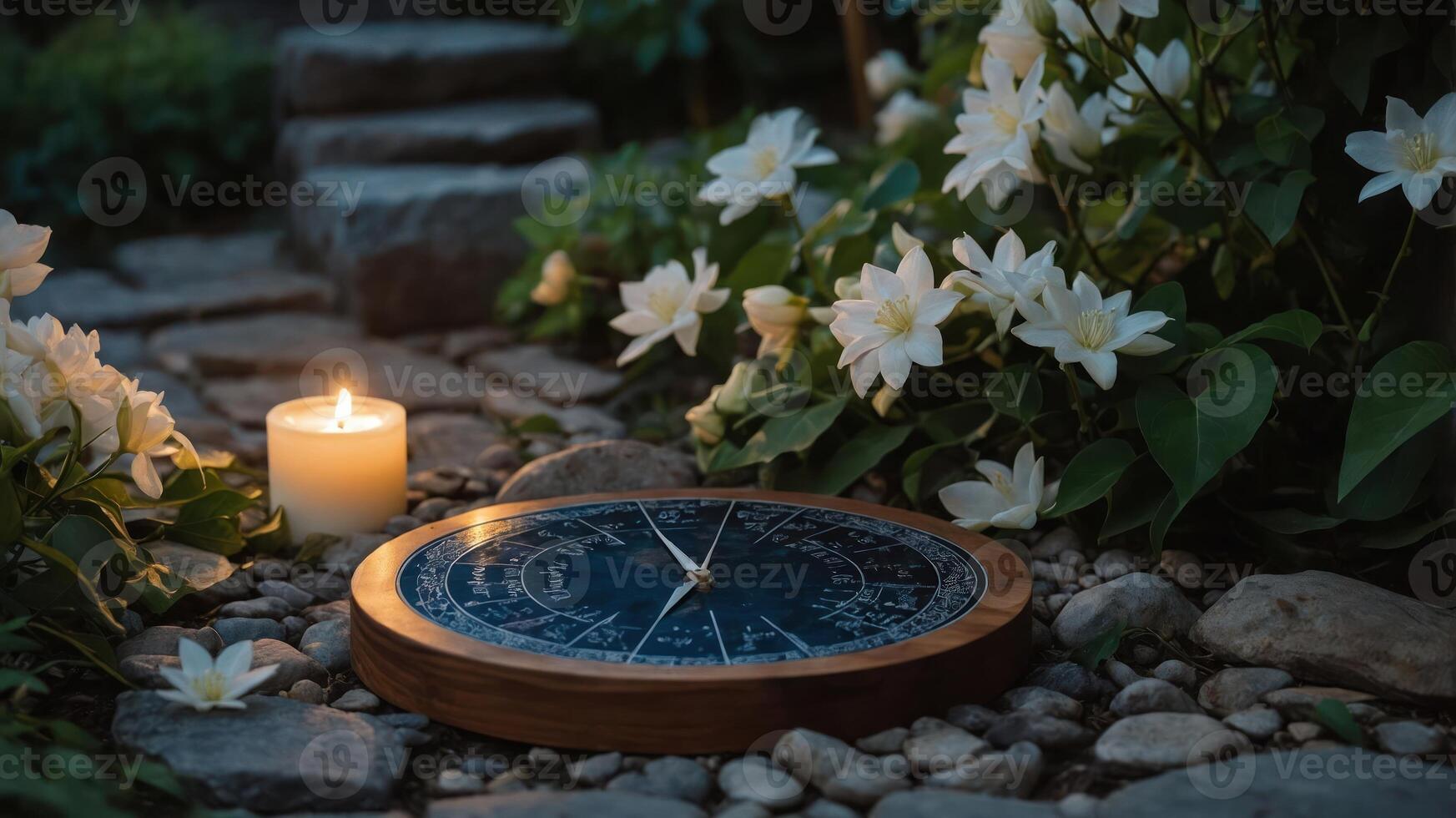 A sundial surrounded by flowers and a candle, creating a serene outdoor atmosphere. photo