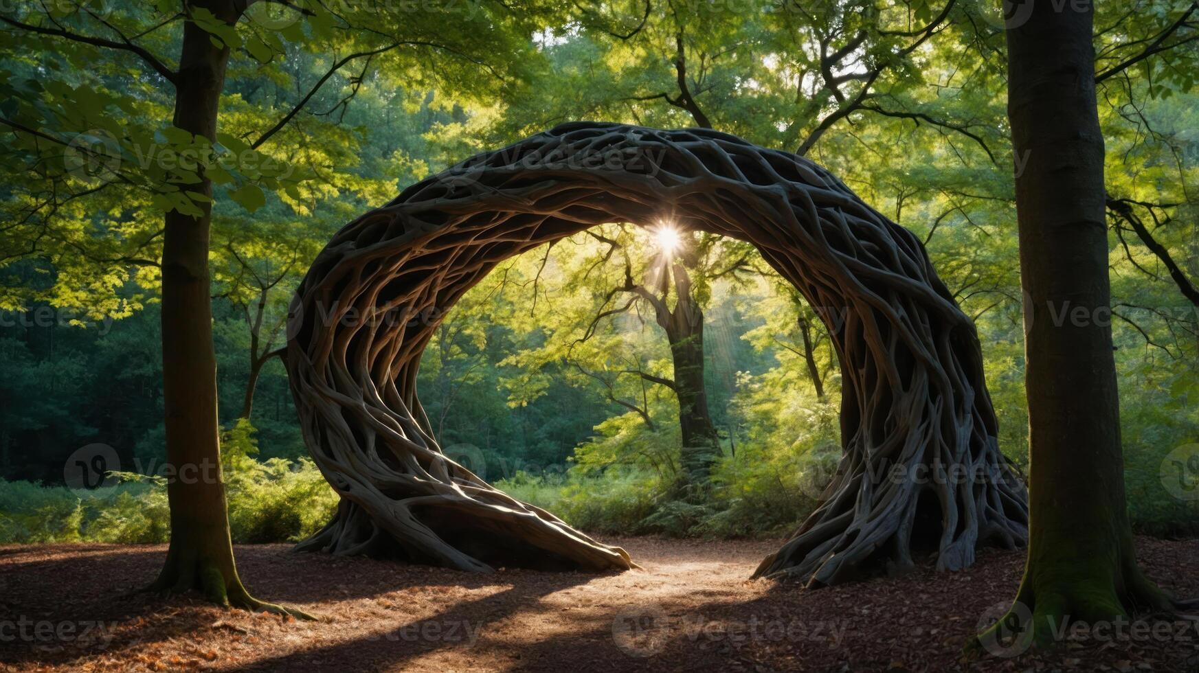 A whimsical arch made of intertwined branches in a sunlit forest. photo
