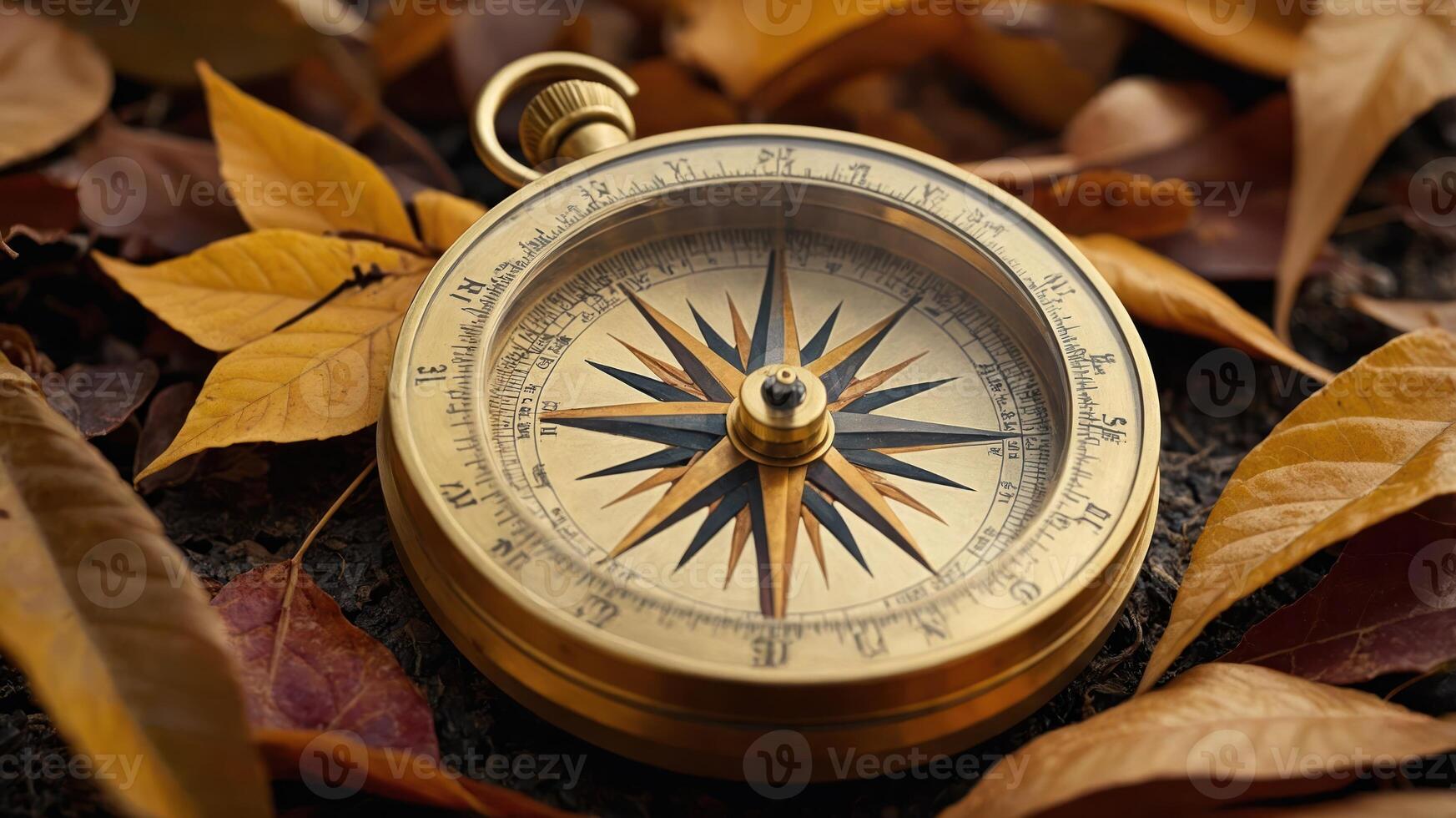 A vintage compass resting on autumn leaves, symbolizing navigation and exploration. photo