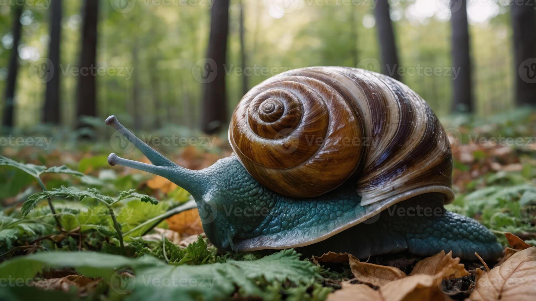 A large snail with a spiral shell crawls through a forest floor covered in leaves and ferns. photo