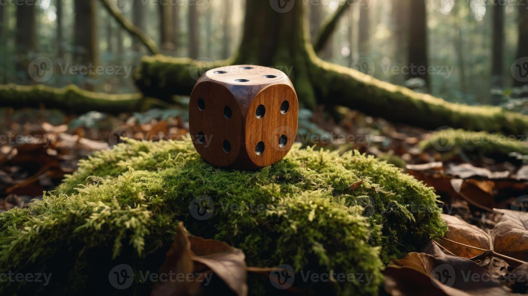 A wooden die rests on moss in a serene forest, blending nature and playfulness. photo