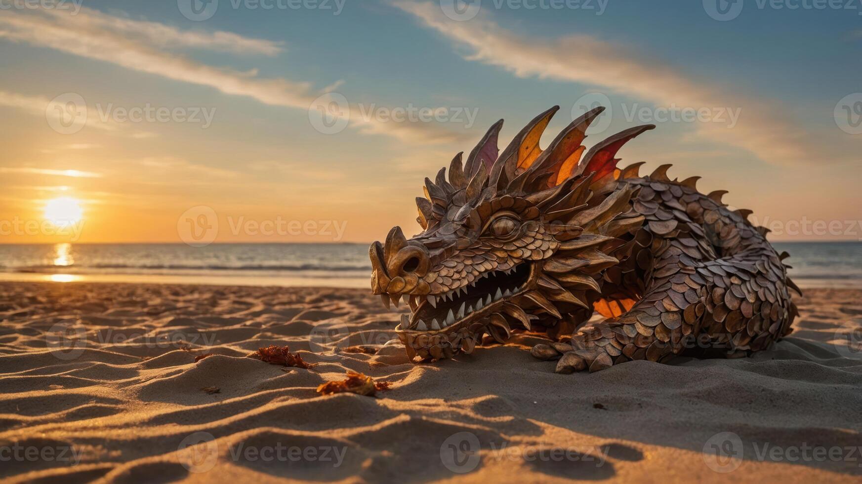 A dragon sculpture rests on the beach at sunset, blending fantasy with nature's beauty. photo